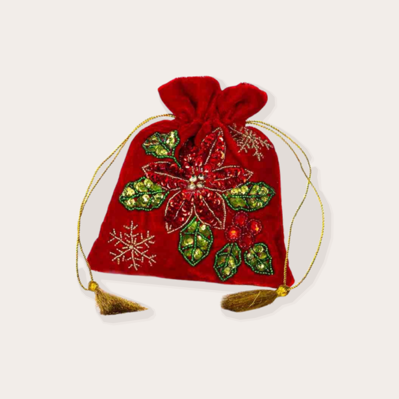 Decoratie - Fluwelen kerstzakje met kerstster - Rood