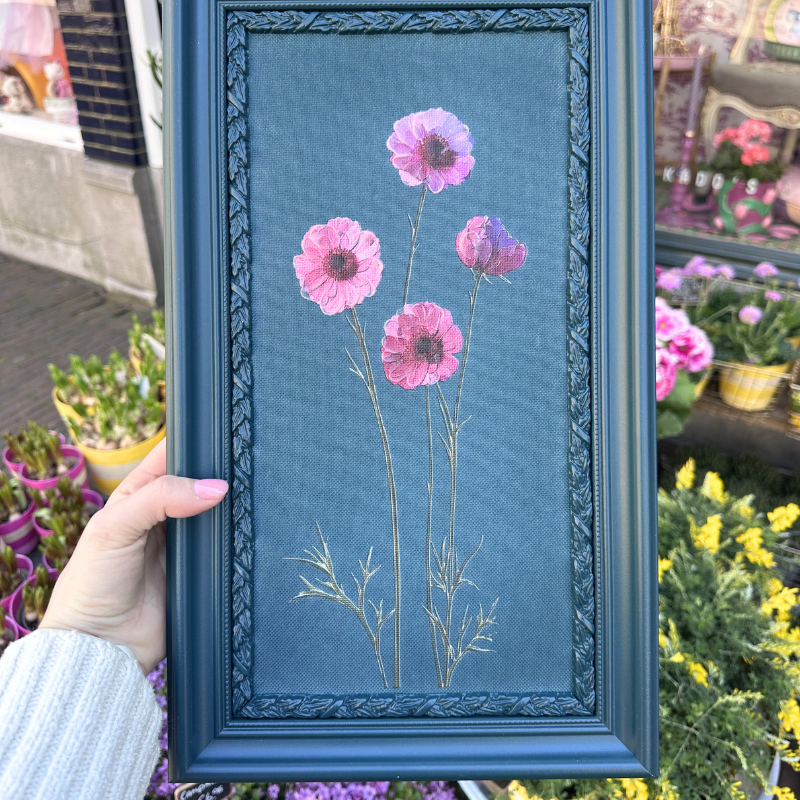 Schilderij - Bloemen - Petrol