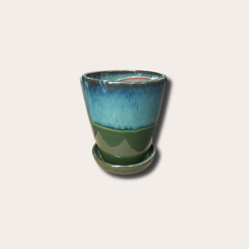 Geglazuurde pot met schotel - Abby - Blauw/Groen