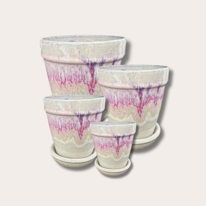 Geglazuurde pot met schotel - Abby - Beige/Lila