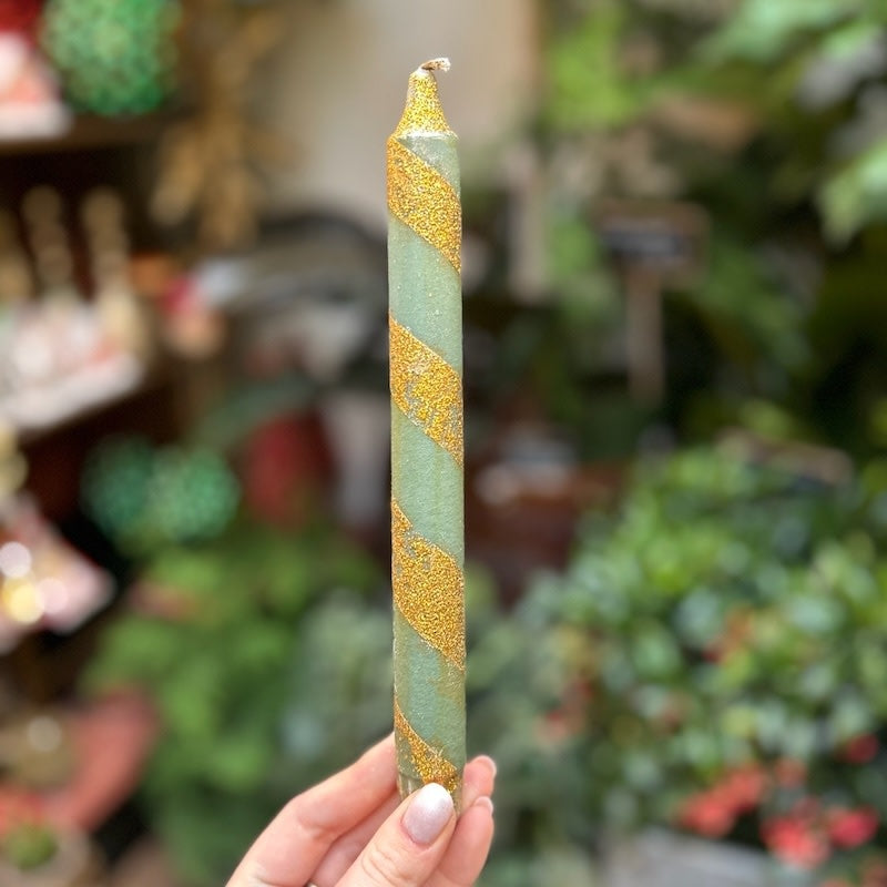 Kaars lang glitter - groen/ goud gestreept