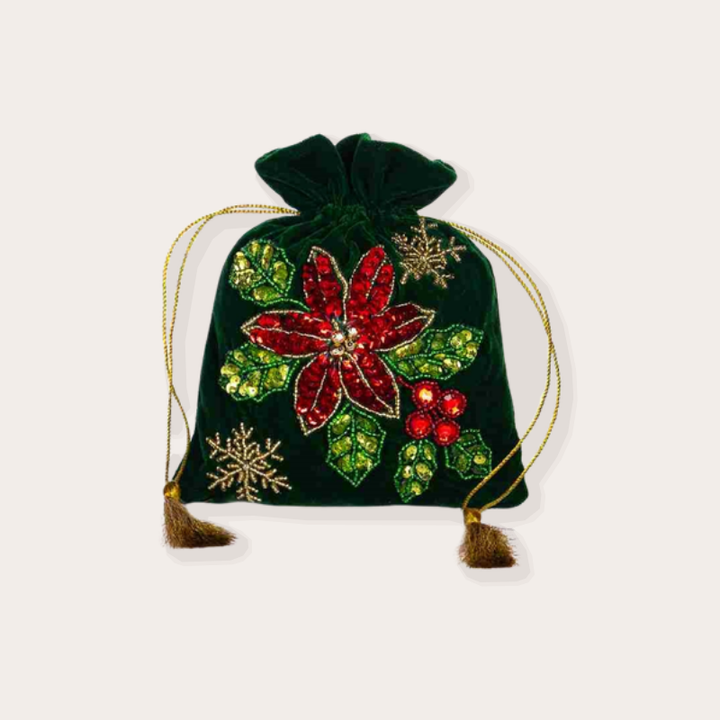 Decoratie - Fluwelen kerstzakje met kerstster - Groen