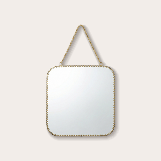 Vierkante spiegel met gouden messing rand en ketting