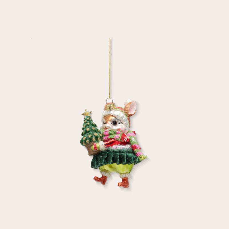 Ornament - Muis met kerstboom - Groen/roze