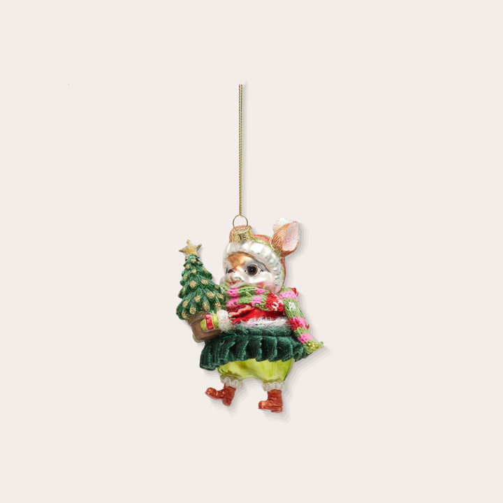 Ornament - Muis met kerstboom - Groen/roze