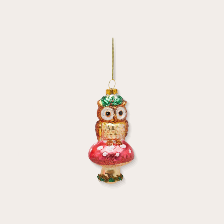 Ornament - Uil op paddenstoel - Goud/rood