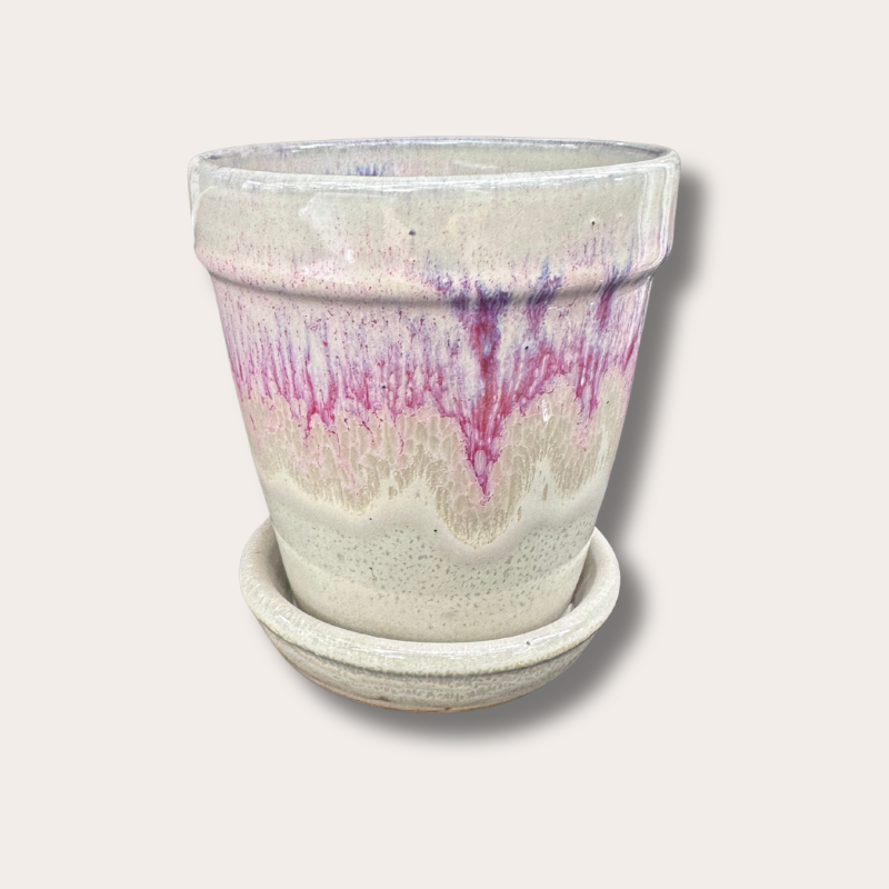 Geglazuurde pot met schotel - Abby - Beige/Lila