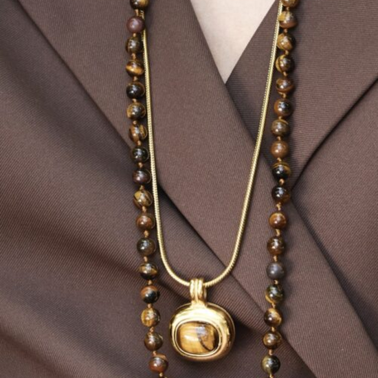 Lange gemstone ketting / bruin mêlée