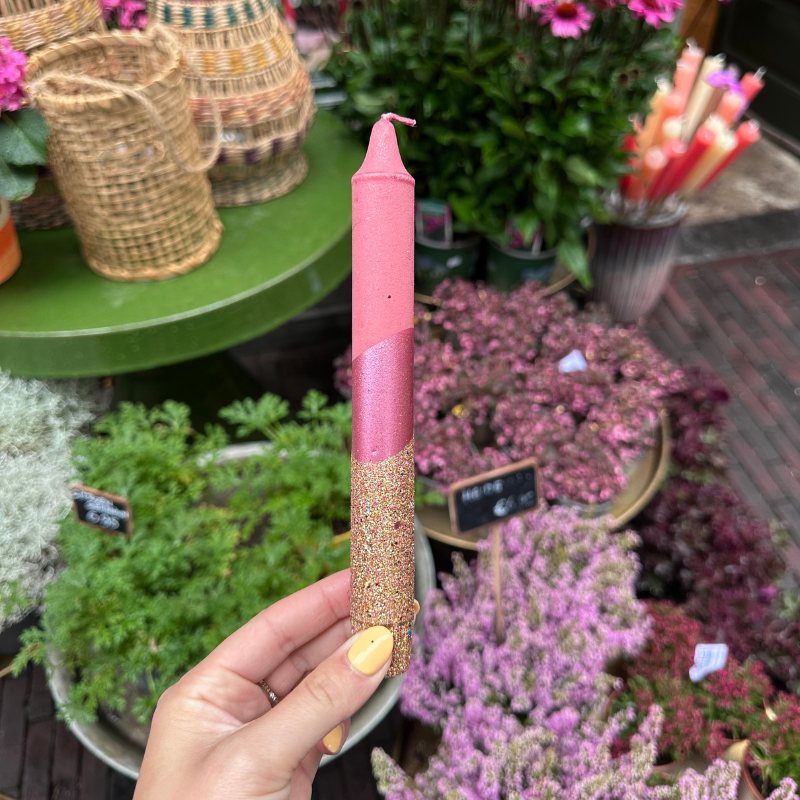 Kaars - Essence - Oudroze/goud glitter overloop