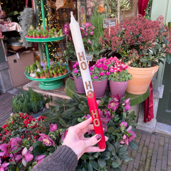 Kaars met tekst - Ho ho ho - rood glitter