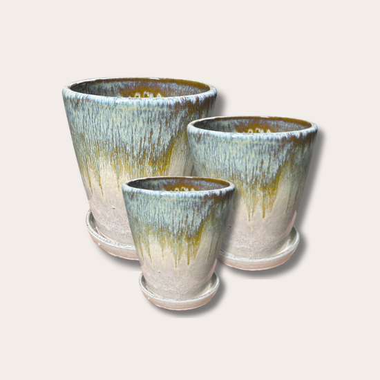 Geglazuurde pot met schotel - Abby - Geel/Creme