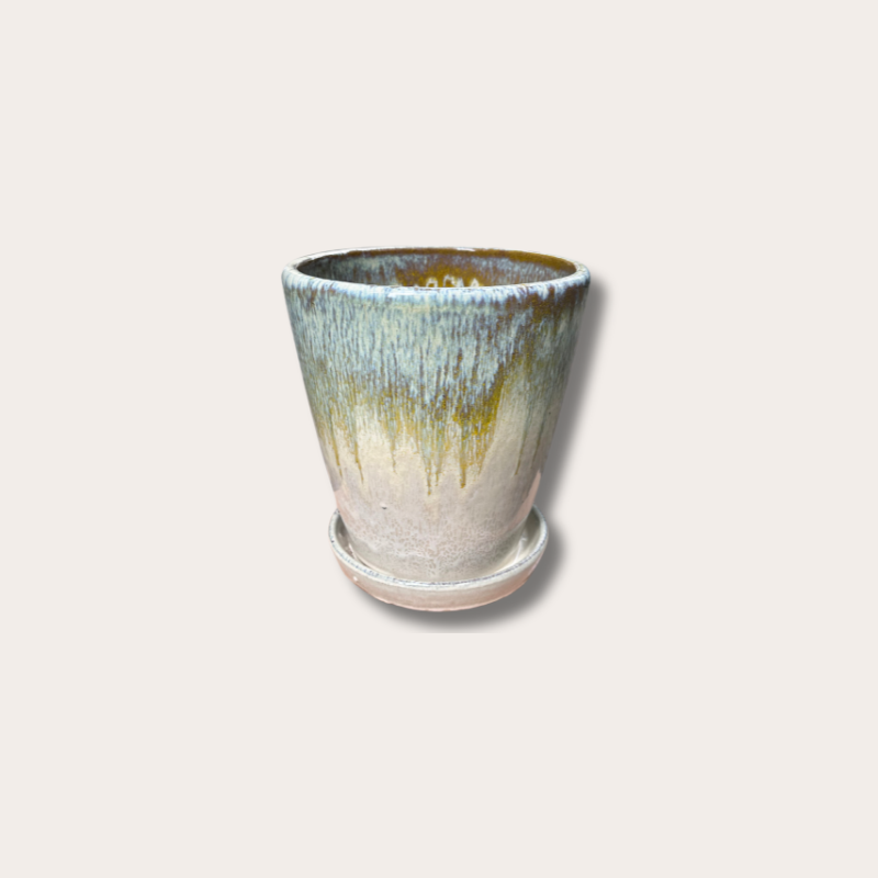 Geglazuurde pot met schotel - Abby - Geel/Creme