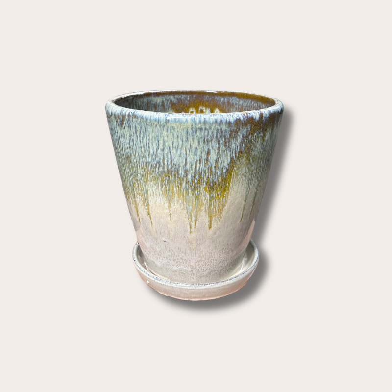 Geglazuurde pot met schotel - Abby - Geel/Creme