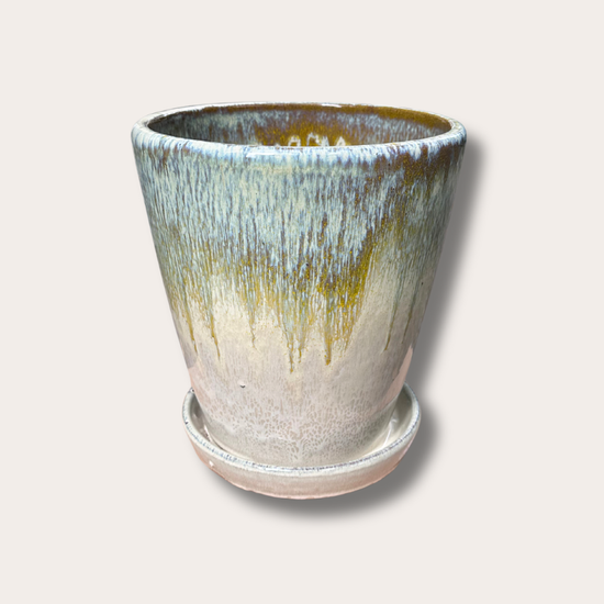Geglazuurde pot met schotel - Abby - Geel/Creme