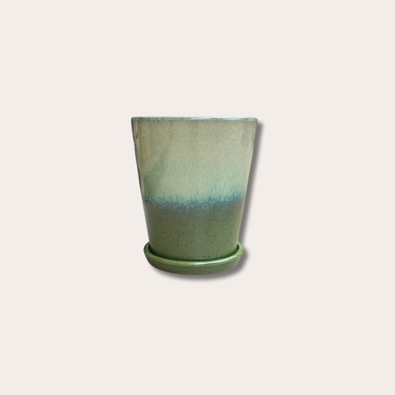 Geglazuurde pot met schotel - Abby - lichtgroen/groen