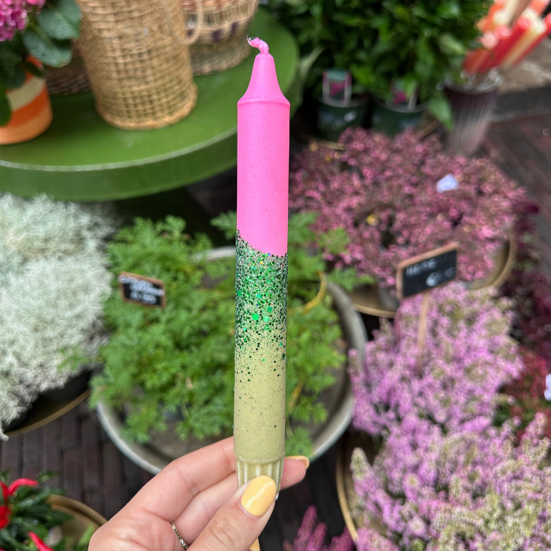 Kaars - Essence - Roze/groen glitter overloop
