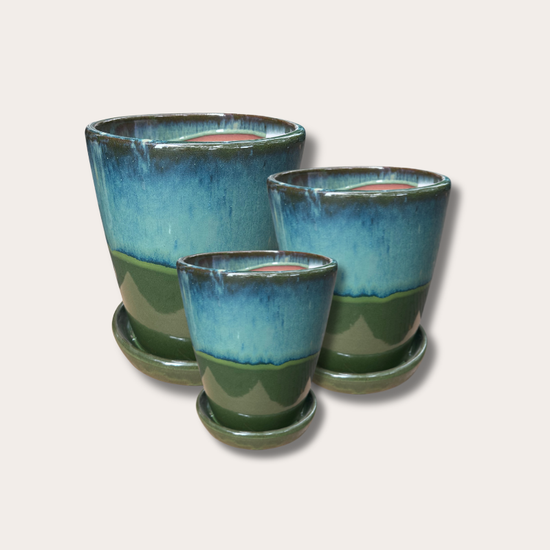 Geglazuurde pot met schotel - Abby - Blauw/Groen