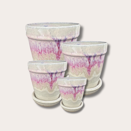 Geglazuurde pot met schotel - Abby - Beige/Lila