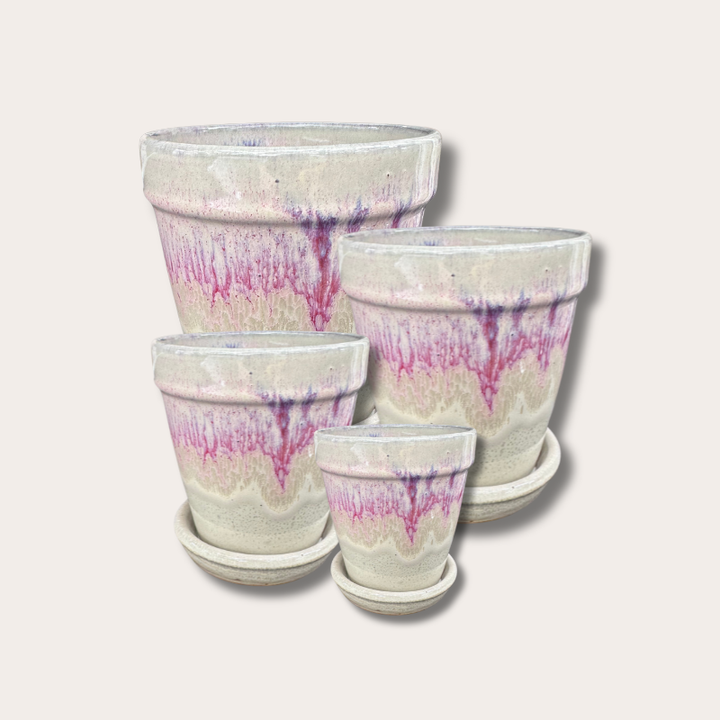 Geglazuurde pot met schotel - Abby - Beige/Lila