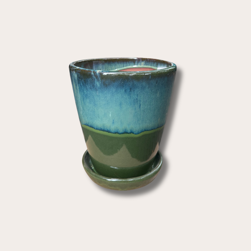 Geglazuurde pot met schotel - Abby - Blauw/Groen