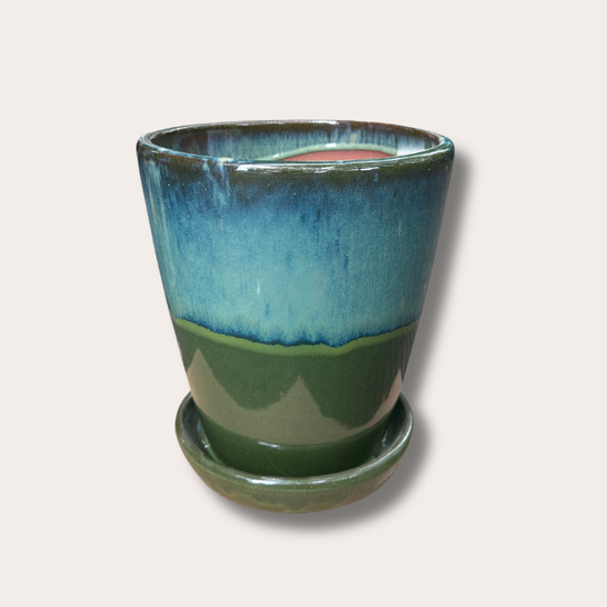 Geglazuurde pot met schotel - Abby - Blauw/Groen