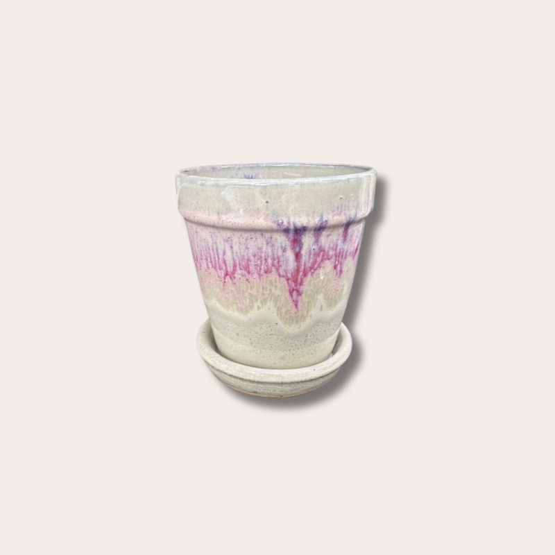 Geglazuurde pot met schotel - Abby - Beige/Lila