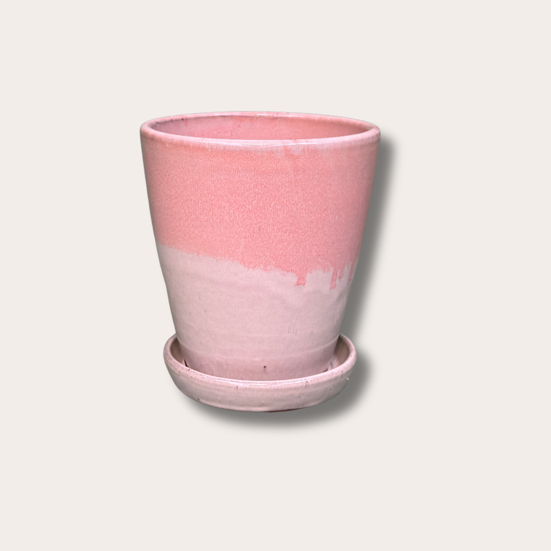 Geglazuurde pot met schotel - Abby - beige/zacht roze