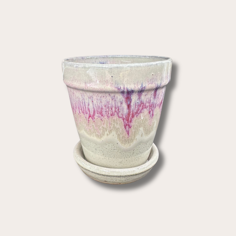 Geglazuurde pot met schotel - Abby - Beige/Lila