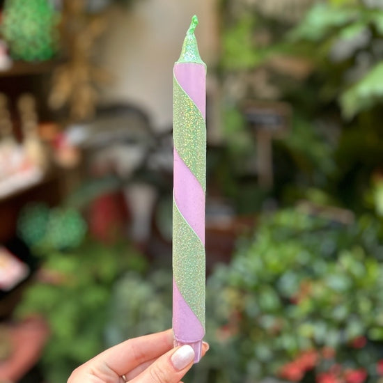 Kaars lang glitter - lila/ groen gestreept